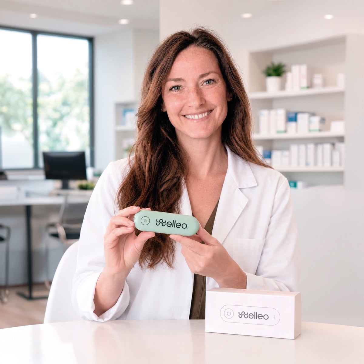 A pharmacist holding the welleo Reader at the counter