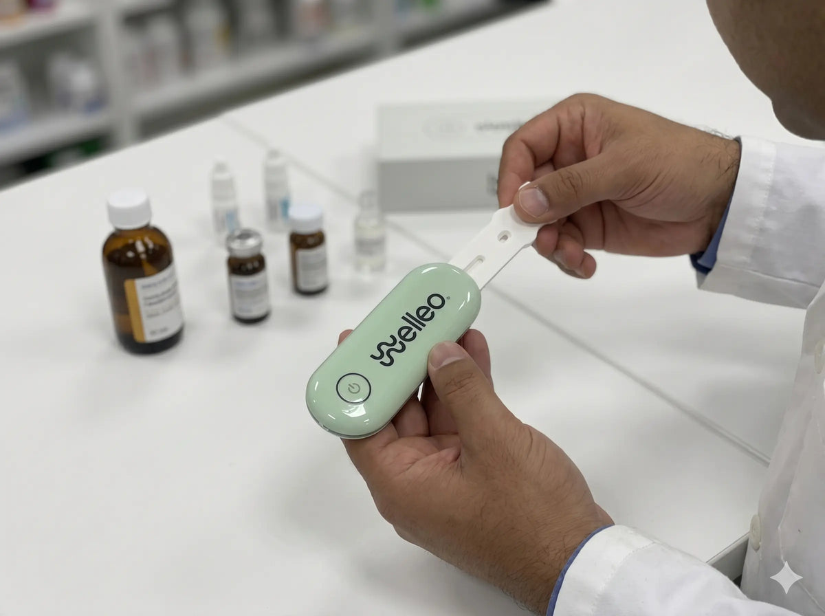 A pharmacist sliding a test strip into the welleo reader