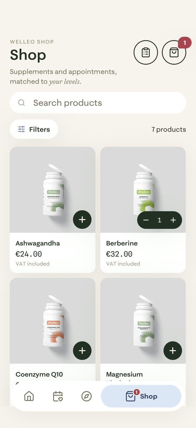 The welleo app shop, with supplements matched to your levels