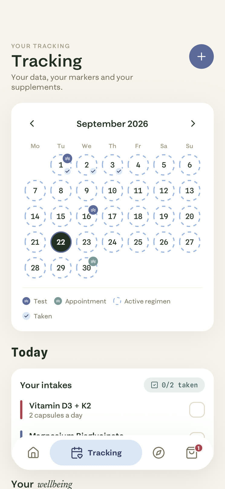 Tracking in the welleo app: a calendar of tests and today's supplement intakes