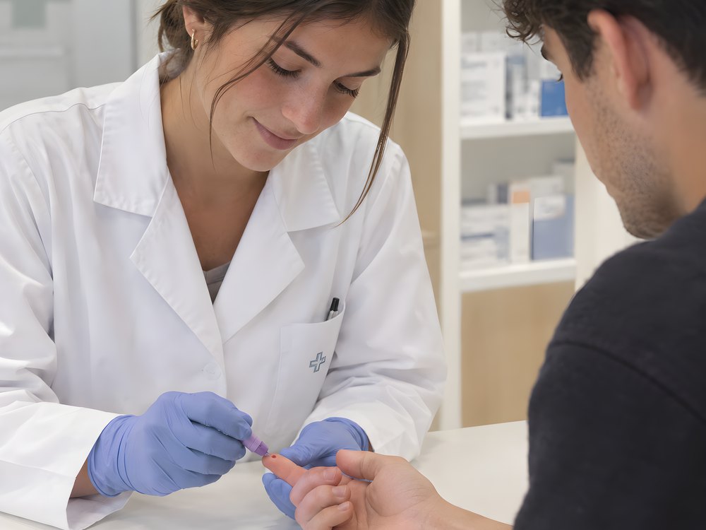 A pharmacist taking a drop of blood from a customer's fingertip